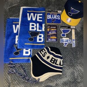 St. Louis Blues Cap, Stocking Hat, 2 Mini Towels, Magnets, and Decal Set